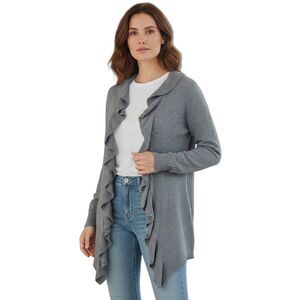 LOFT Waterfall Ruffled Cardigan Sweater Dark Gray Womens Size Large High Low Hem